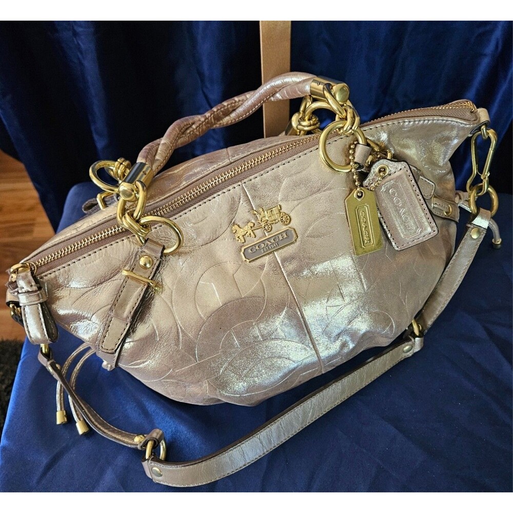 COACH GOLD METALLIC MADISON SOPHIA SATCHEL EMBOSSED WITH BRAIDED HANDLES PRE OWN